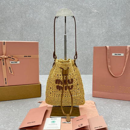 MIUMIU 26S DRAWSTRING TOTE BAG 20 IN BEIGE RAFFIA