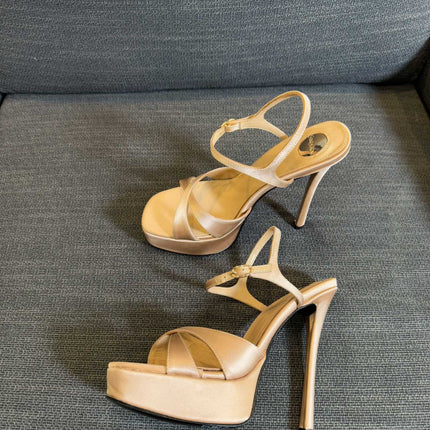 YSL 26S CROSS-STRAP SANDALS 150 MM IN NUDE SATIN