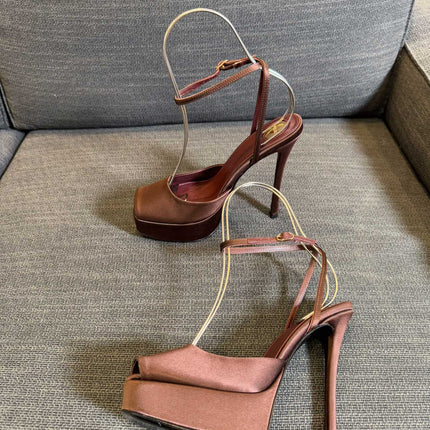 YSL 26S PLATFORM SANDALS 150 MM IN BROWN SATIN