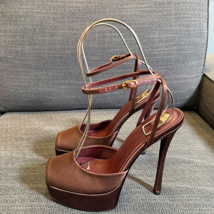 YSL 26S PLATFORM SANDALS 150 MM IN BROWN SATIN