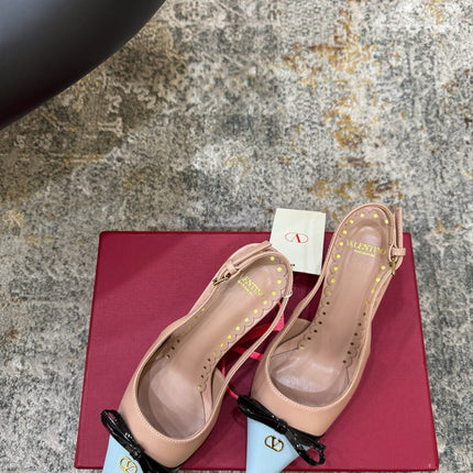 VALENTINO 26S BOW SLINGBACKS 75 MM IN NUDE AND LIGHT BLUE CALFSKIN