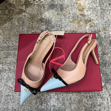 VALENTINO 26S BOW SLINGBACKS 75 MM IN NUDE AND LIGHT BLUE CALFSKIN