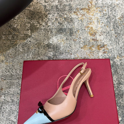 VALENTINO 26S BOW SLINGBACKS 75 MM IN NUDE AND LIGHT BLUE CALFSKIN