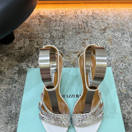 AQUAZZURA 26S HEELED SANDALS 95 MM IN OFF WHITE LEATHER CRYSTAL-EMBELLISHED STRAPS