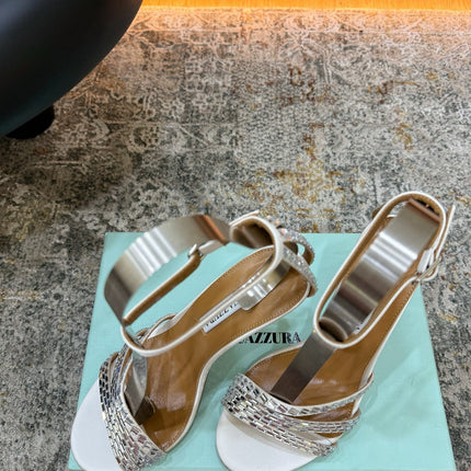 AQUAZZURA 26S HEELED SANDALS 95 MM IN OFF WHITE LEATHER CRYSTAL-EMBELLISHED STRAPS