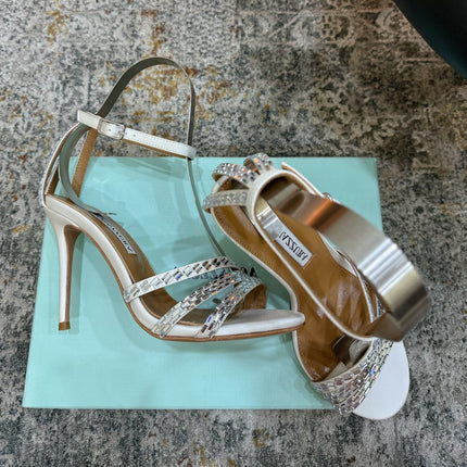 AQUAZZURA 26S HEELED SANDALS 95 MM IN OFF WHITE LEATHER CRYSTAL-EMBELLISHED STRAPS