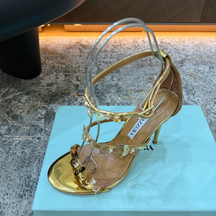 AQUAZZURA 26S BUTTERFLY SANDALS 95 MM IN GOLD CALFSKIN