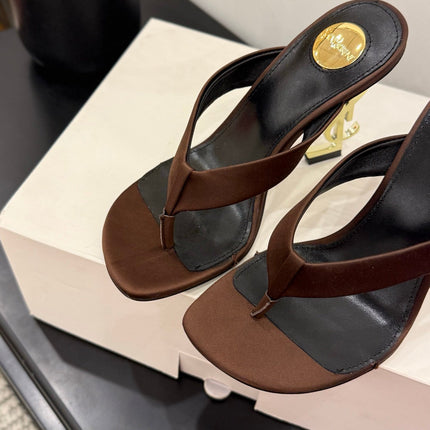 YSL 26S TOE-POST HIGH HEEL SANDALS IN DARK BROWN SATIN