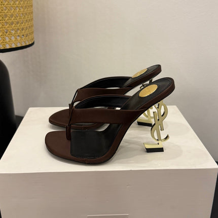 YSL 26S TOE-POST HIGH HEEL SANDALS IN DARK BROWN SATIN