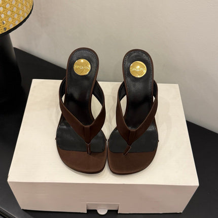 YSL 26S TOE-POST HIGH HEEL SANDALS IN DARK BROWN SATIN