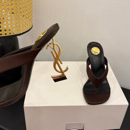YSL 26S TOE-POST HIGH HEEL SANDALS IN DARK BROWN SATIN