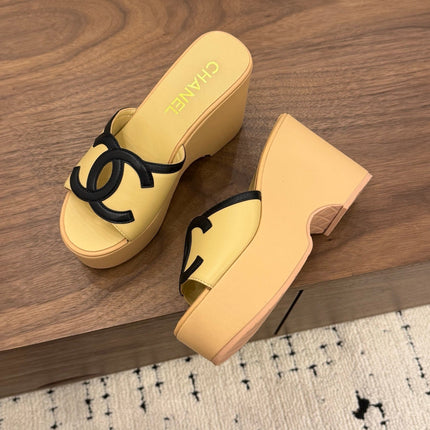 CHANEL 26S WEDGE SANDALS 95 MM IN PASTEL YELLOW CALFSKIN