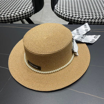 MIUMIU SMALL-BRIM STRAW HAT IN BEIGE AND PEARL EMBELLISHED