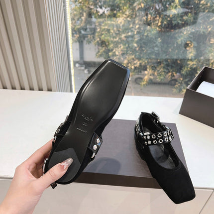 ALAIA 26S FLATS IN BLACK SUEDE WITH SILVER STUD STRAP