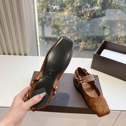 ALAIA 26S FLATS IN BROWN SUEDE WITH SILVER STUD STRAP