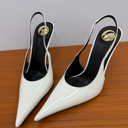 YSL 26S HEELED SLINGBACKS 100 MM IN WHITE GLOSSY CALFSKIN