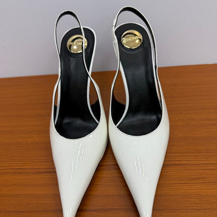 YSL 26S HEELED SLINGBACKS 100 MM IN WHITE GLOSSY CALFSKIN
