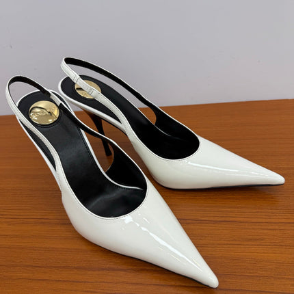 YSL 26S HEELED SLINGBACKS 100 MM IN WHITE GLOSSY CALFSKIN