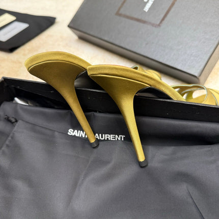 YSL 26S HEELED SANDALS 105 MM IN OLIVE GREEN SATIN