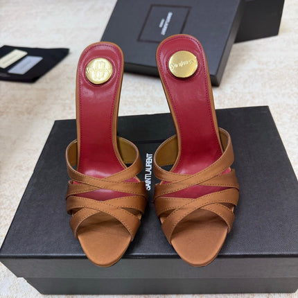 YSL 26S HEELED SANDALS 105 MM IN CLAY BROWN SATIN