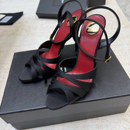 YSL 26S STRAPPY HEELED SANDALS 105 MM IN BLACK SATIN