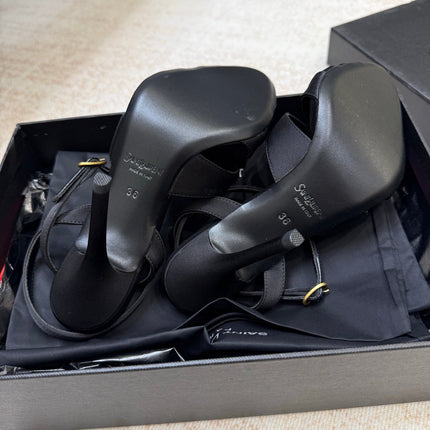 YSL 26S STRAPPY HEELED SANDALS 105 MM IN BLACK SATIN