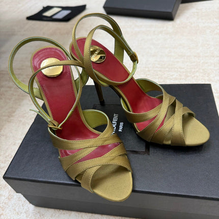 YSL 26S STRAPPY HEELED SANDALS 105 MM IN OLIVE GREEN SATIN