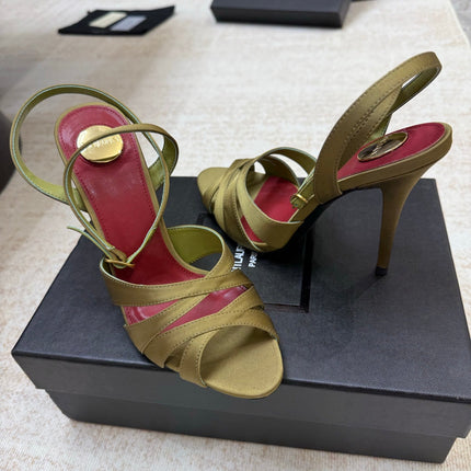 YSL 26S STRAPPY HEELED SANDALS 105 MM IN OLIVE GREEN SATIN