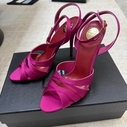 YSL 26S STRAPPY HEELED SANDALS 105 MM IN DARK PINK SATIN