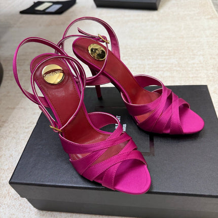 YSL 26S STRAPPY HEELED SANDALS 105 MM IN DARK PINK SATIN