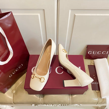 GUCCI 26S HORSEBIT MID-HEEL PUMPS 75 MM IN CREAM WHITE CALFSKIN