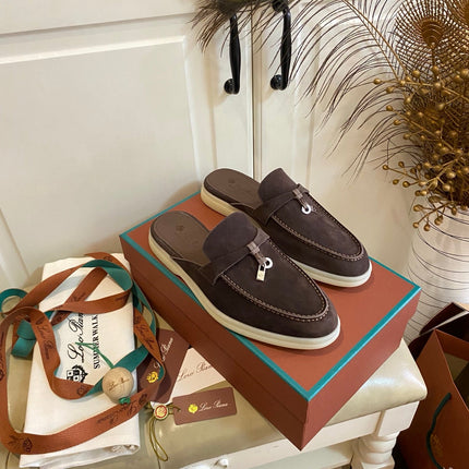 LP 26S LOCK CHARM MULES IN DARK BROWN SUEDE GOLD HARDWARE