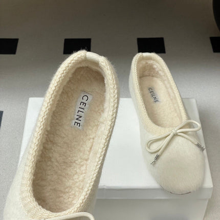 CELINE 26S BALLET FLATS IN CREAM WHITE WOOL WITH BOW