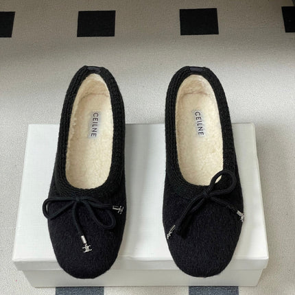 CELINE 26S BALLET FLATS IN BLACK WOOL WITH BOW STYLE 1