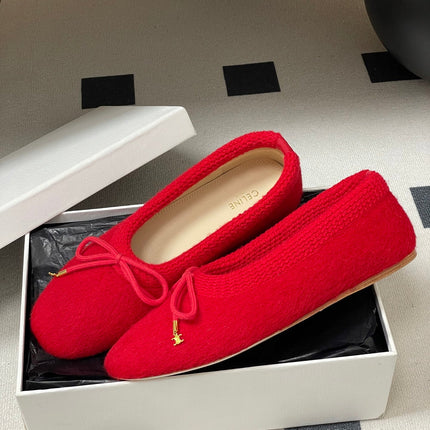 CELINE 26S BALLET FLATS IN RED WOOL WITH BOW