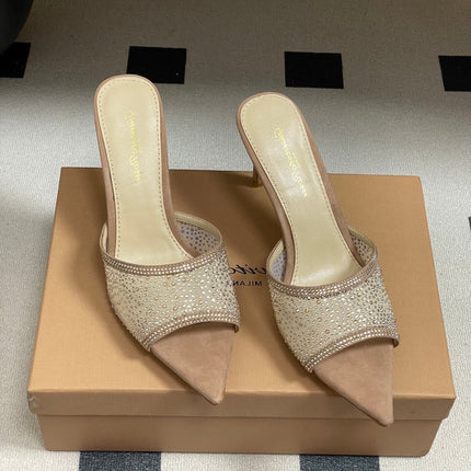 GIANVITO ROSSI 26S HIGH HEELS 85 MM IN NUDE BEIGE SUEDE WITH RHINESTONE STRAP