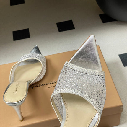 GIANVITO ROSSI 26S HIGH HEELS 85 MM IN SILVER LAMBSKIN WITH RHINESTONE STRAP