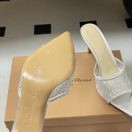 GIANVITO ROSSI 26S HIGH HEELS 85 MM IN SILVER LAMBSKIN WITH RHINESTONE STRAP