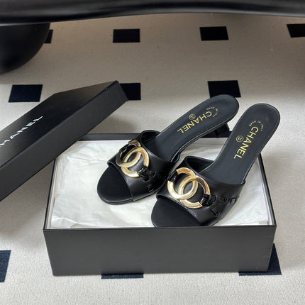 CHANEL 26S HIGH HEEL MULE IN BLACK LAMBSKIN WITH GOLD TONE CC LOGO