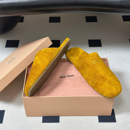 MIUMIU 26S MULE LOAFERS IN OCHRE YELLOW SUEDE LOGO