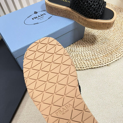 PRA WEDGE FLATFORM SLIDES BLACK RAFFIA