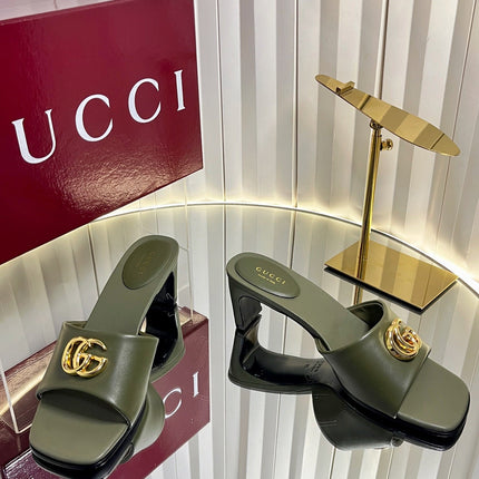 GUCCI 26S HIGH-HEELED SANDALS 45 MM IN MOSS GREEN CALFSKIN