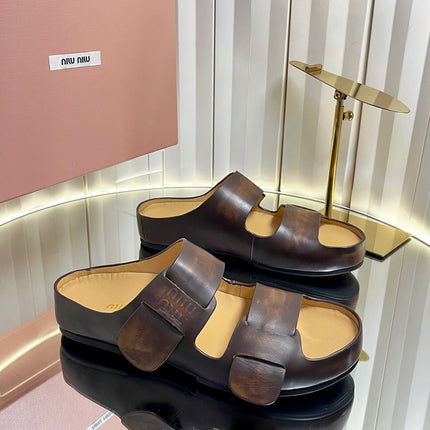 MIUMIU 26S DOUBLE-STRAP SLIDES IN CARAMEL BROWN CALFSKIN