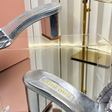 MIUMIU 26S PADDED MATELASSE MULE HEELS 65MM IN SILVER CALFSKIN GOLD HARDWARE