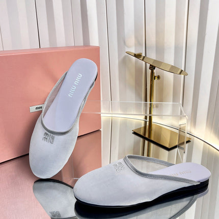 MIUMIU 26S FLAT MULES IN GREY FABRIC AND LEATHER