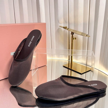 MIUMIU 26S FLAT MULES IN CHOCOLATE BROWN FABRIC AND LEATHER 