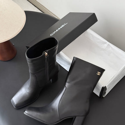 CHANEL 26S ANKLE BOOT 70 MM IN BLACK CALFSKIN SQUARE TOE