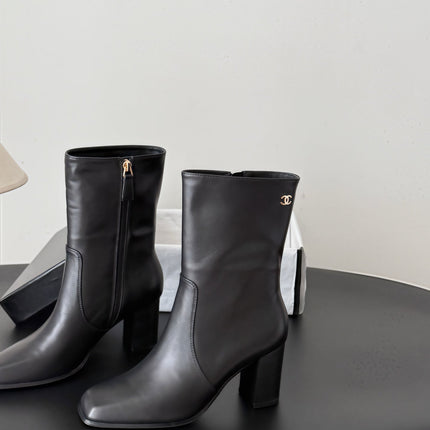 CHANEL 26S ANKLE BOOT 70 MM IN BLACK CALFSKIN SQUARE TOE