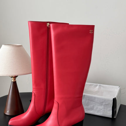 CHANEL 26S TALL BOOTS 70 MM IN RED CALFSKIN SQUARE TOE
