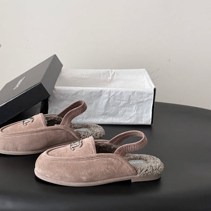 CHANEL 26S SLINGBACK LOAFERS IN GREY SUEDE AND SHEARLING LINING